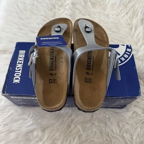 Birkenstock Gizeh Thong Sandals Leather Birko-Flor Silver Women’s EU37 NEW BOX - Picture 4 of 15